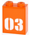 Orange Brick 1 x 2 x 2 with Inside Stud Holder with White '03' on Orange Background Pattern (Sticker) - Set 60035
