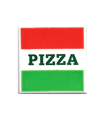 White Tile 2 x 2 with Red and Green Stripes and Dark Green 'PIZZA' Pattern (Pizza Box)
