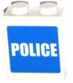White Brick 1 x 2 x 2 with Inside Stud Holder with White 'POLICE' on Blue Background Pattern (Sticker) - Set 7498