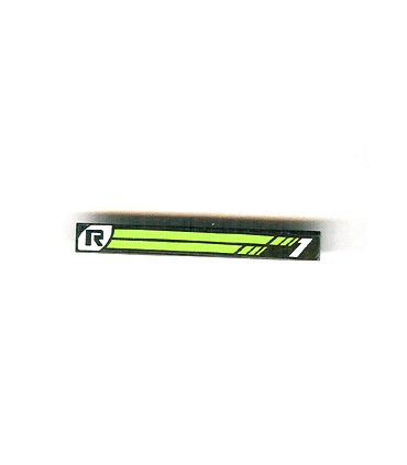 Black Tile 1 x 8 with 'R' and Lime Green Stripes and '1' Pattern (Sticker) - Set 8647